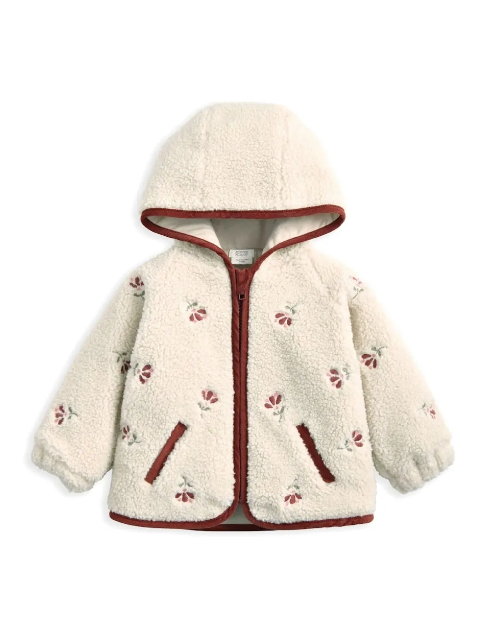 Mamas & Papas Cream Embroidered Hooded Borg Jacket