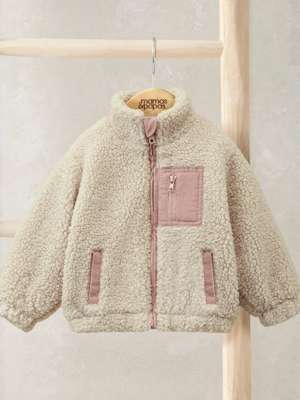 Mamas & Papas Cream Funnel Neck Borg Jacket with Chest Pocket