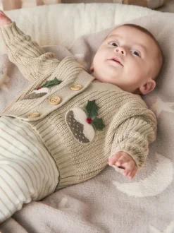 Mamas & Papas Cream Little Pudding Christmas Cardigan & Leggings Knit Set