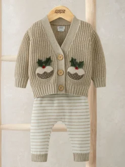 Mamas & Papas Cream Little Pudding Christmas Cardigan & Leggings Knit Set