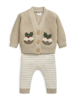 Mamas & Papas Cream Little Pudding Christmas Cardigan & Leggings Knit Set
