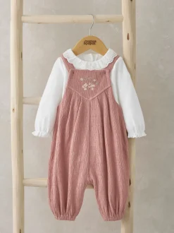 Mamas & Papas Pink 100% Cotton Crinkle Dungaree And Bodysuit Set