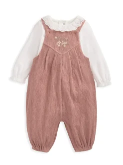 Mamas & Papas Pink 100% Cotton Crinkle Dungaree And Bodysuit Set