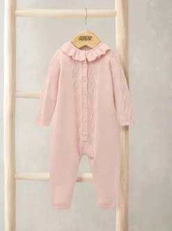 Mamas & Papas Pink Diamond Stitch Knitted Romper with Frill Collar