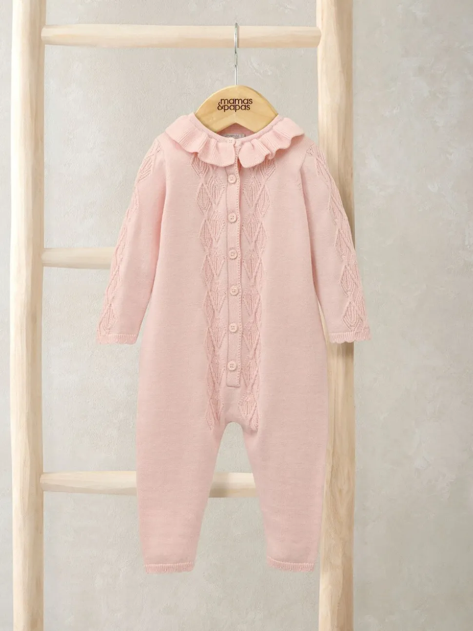Mamas & Papas Pink Diamond Stitch Knitted Romper with Frill Collar