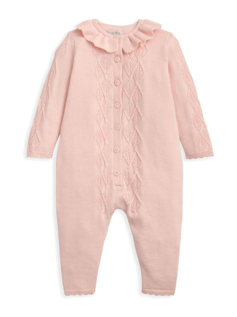 Mamas & Papas Pink Diamond Stitch Knitted Romper with Frill Collar