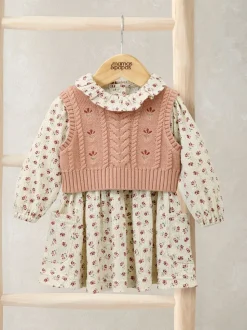 Mamas & Papas Pink Floral Frill Collar Dress & Embroidered Vest Set