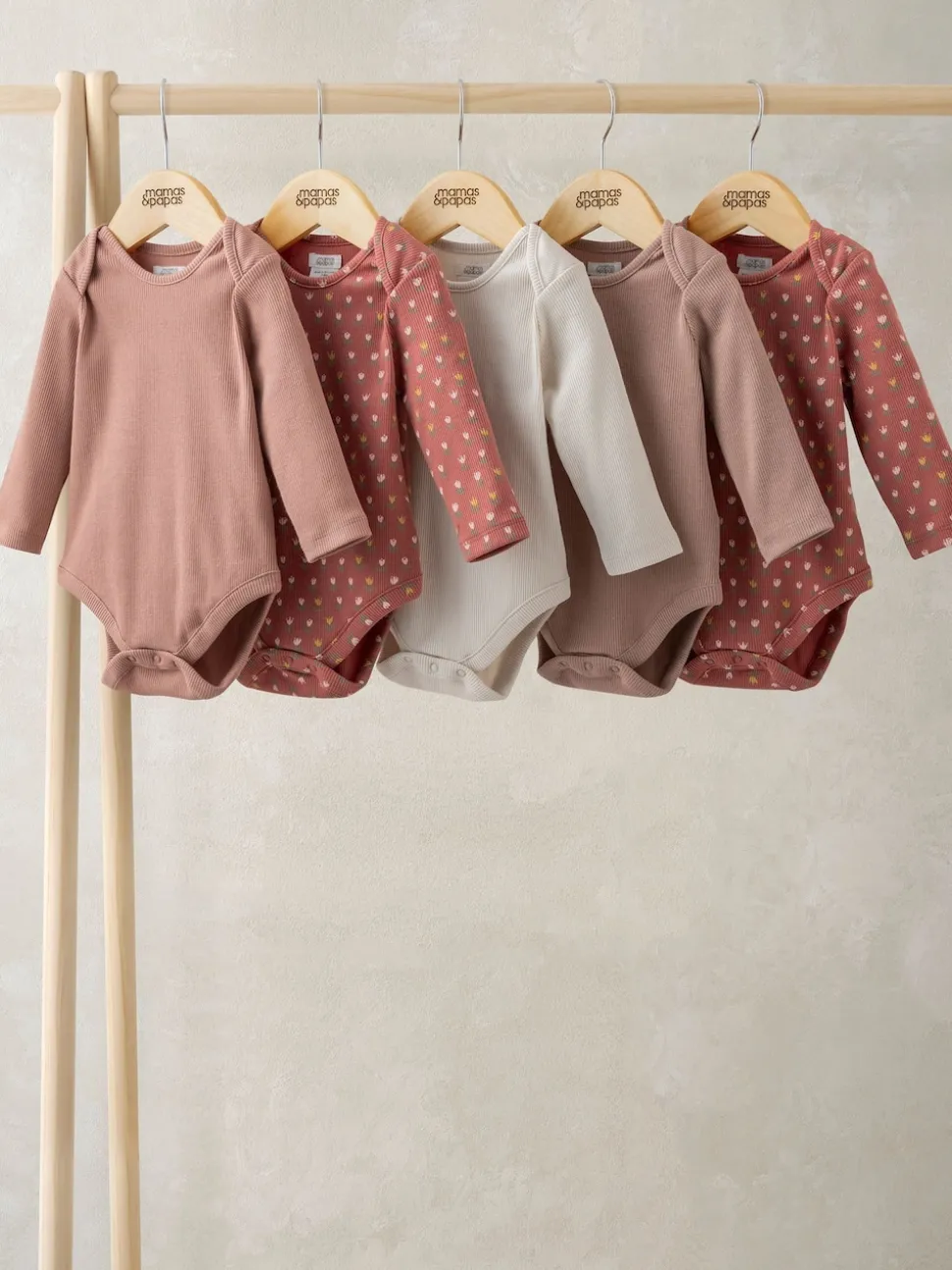 Mamas & Papas Pink Woodblock Long Sleeve Bodysuits Pack of 5