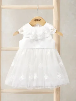 Mamas & Papas White Embroidered Mesh Flower Girl Dress with Cape Collar