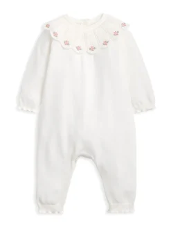 Mamas & Papas White Embroidered Scallop Collar Romper with Frill Trim