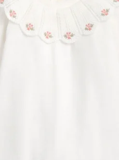 Mamas & Papas White Embroidered Scallop Collar Romper with Frill Trim