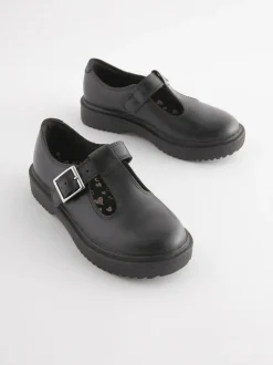 Matt Black Leather T-Bar Chunky School Shoes
