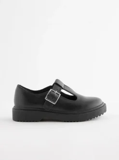 Matt Black Leather T-Bar Chunky School Shoes
