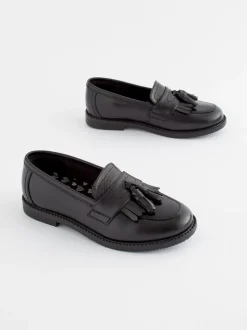 Matt Black Narrow Fit (E) Leather Tassel Loafer School Shoes