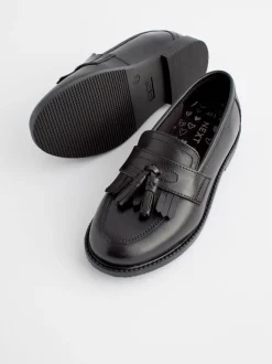 Matt Black Narrow Fit (E) Leather Tassel Loafer School Shoes