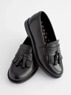 Matt Black Narrow Fit (E) Leather Tassel Loafer School Shoes