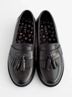 Matt Black Narrow Fit (E) Leather Tassel Loafer School Shoes