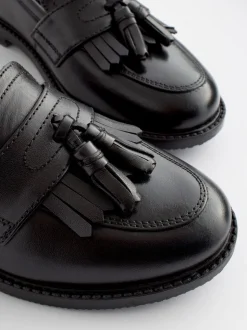 Matt Black Narrow Fit (E) Leather Tassel Loafer School Shoes
