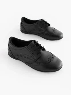 Matt Black Narrow Fit (E) Leather Brogue Lace-Up School Shoes
