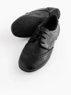 Matt Black Narrow Fit (E) Leather Brogue Lace-Up School Shoes