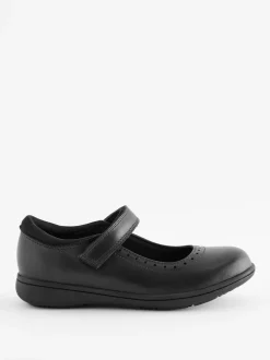 Matt Black Narrow Fit (E) School Leather Brogue Detail Mary Jane Shoes