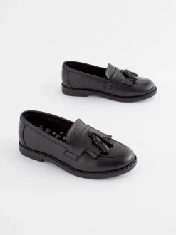Matt Black Standard Fit (F) Leather Tassel Loafer School Shoes