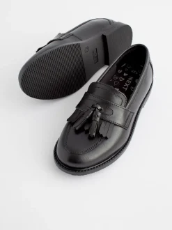 Matt Black Standard Fit (F) Leather Tassel Loafer School Shoes