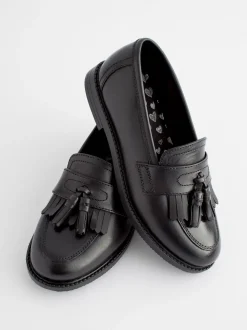 Matt Black Standard Fit (F) Leather Tassel Loafer School Shoes