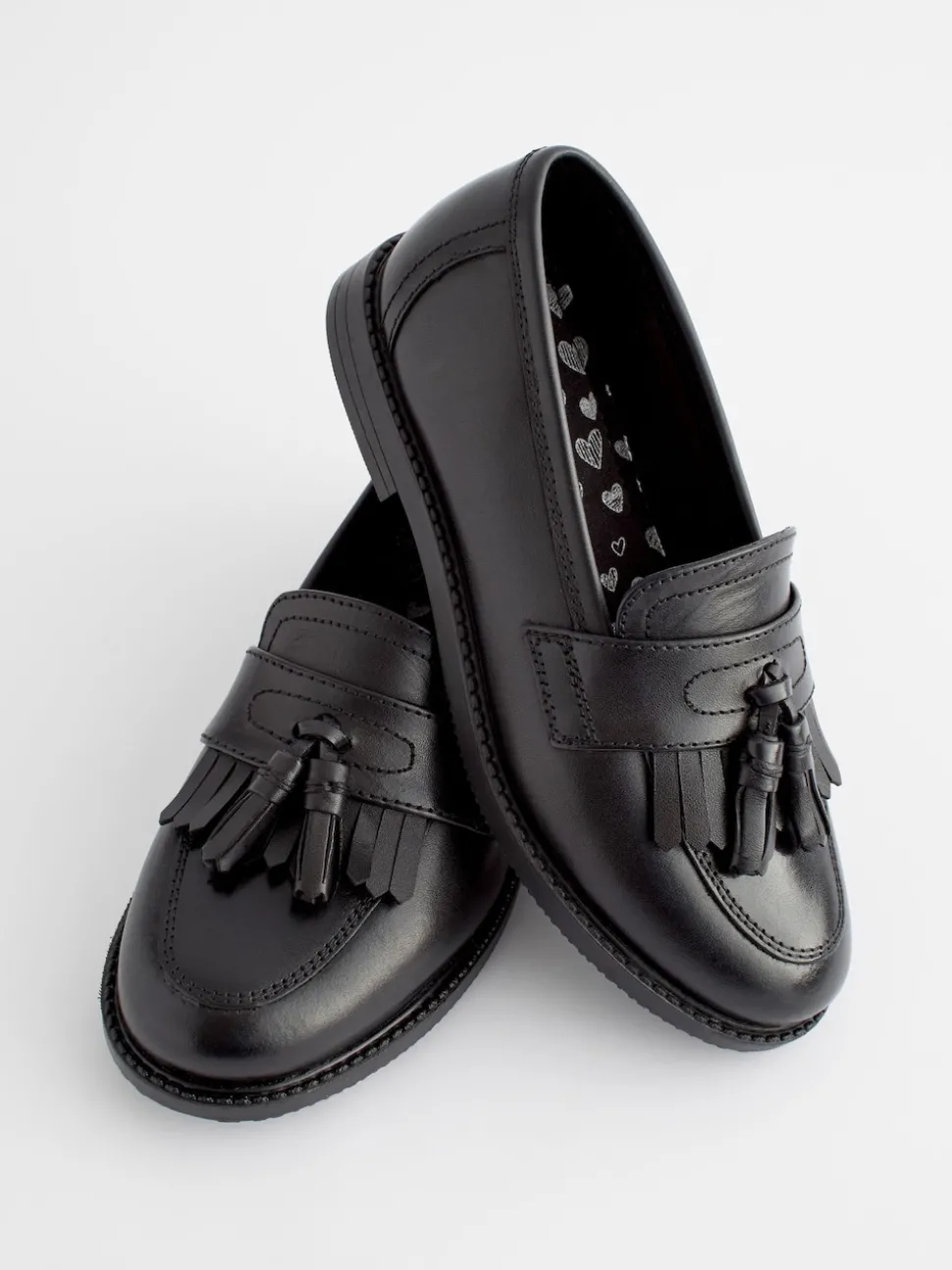 Matt Black Standard Fit (F) Leather Tassel Loafer School Shoes