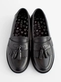Matt Black Standard Fit (F) Leather Tassel Loafer School Shoes