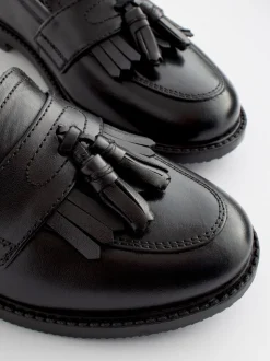 Matt Black Standard Fit (F) Leather Tassel Loafer School Shoes