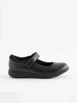Matt Black Standard Fit (F) School Leather Brogue Detail Mary Jane Shoes