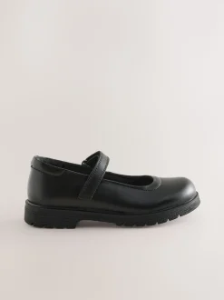 Matt Black Standard Fit (F) School Leather Chunky Mary Jane Shoes