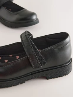Matt Black Standard Fit (F) School Leather Chunky Mary Jane Shoes