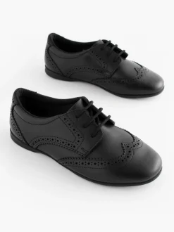Matt Black Standard Fit (F) Leather Brogue Lace-Up School Shoes