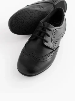 Matt Black Standard Fit (F) Leather Brogue Lace-Up School Shoes