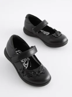 Matt Black Wide Fit (G) School Junior Butterfly Mary Jane Shoes