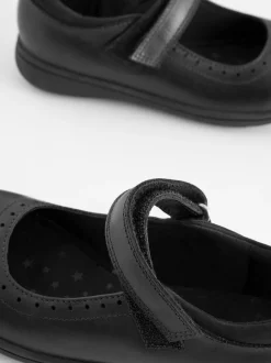 Matt Black Wide Fit (G) School Leather Brogue Detail Mary Jane Shoes