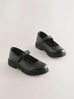 Matt Black Wide Fit (G) School Leather Chunky Mary Jane Shoes