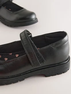 Matt Black Wide Fit (G) School Leather Chunky Mary Jane Shoes