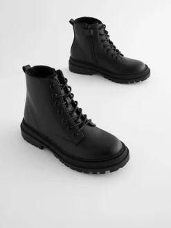 Matt Black Standard Fit (F) Warm Lined Lace-Up Ankle Boots
