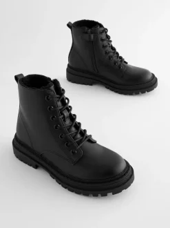 Matt Black Wide Fit (G) Warm Lined Lace-Up Ankle Boots