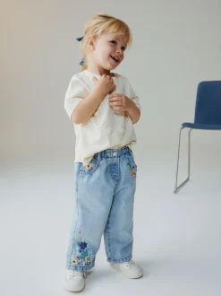 Mid Blue Floral Embroidered Jeans (3mths-7yrs)
