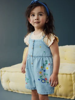 Mid Blue Floral Embroidered Denim Playsuit and T-Shirt (3mths-7yrs)