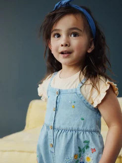 Mid Blue Floral Embroidered Denim Playsuit and T-Shirt (3mths-7yrs)