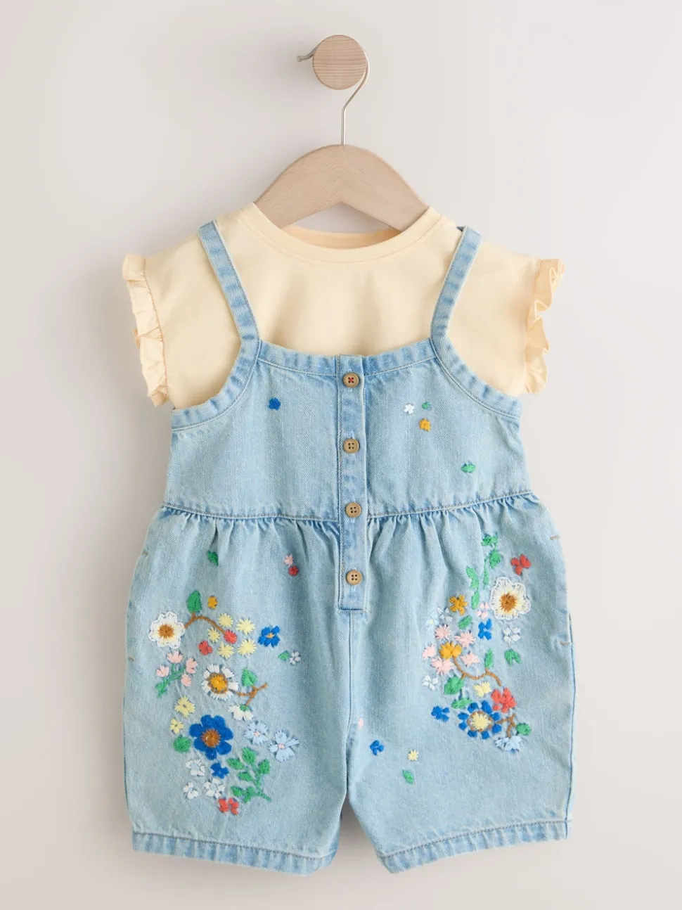 Mid Blue Floral Embroidered Denim Playsuit and T-Shirt (3mths-7yrs)