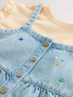Mid Blue Floral Embroidered Denim Playsuit and T-Shirt (3mths-7yrs)