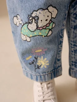 Mid Blue Cat Printed Denim Dungarees (3mths-7yrs)
