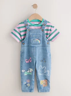 Mid Blue Cat Printed Denim Dungarees (3mths-7yrs)