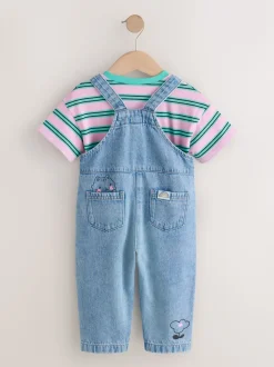 Mid Blue Cat Printed Denim Dungarees (3mths-7yrs)